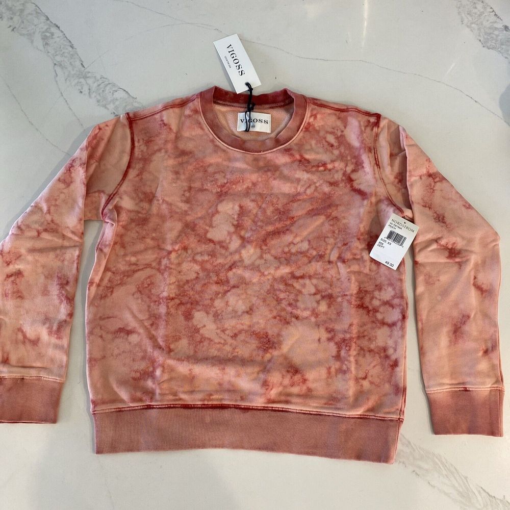 NWT $49 Women Vigoss Peach Pink Acid Wash Cotton Crewneck Sweatshirt XS Tie Dye - Picture 1 of 7